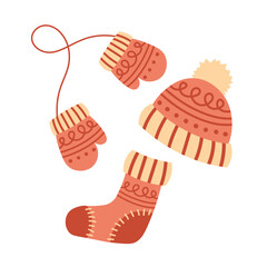 Pink patterned hat, sock, and mittens. Cute winter clothes, accessories, elements. Flat hand drawn vector illustration isolated on transparent background.