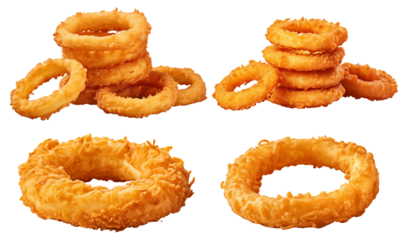 Collection of crispy fried onion rings in various arrangements, with golden texture and crunchy appearance. Perfect for adding flavor to dishes or enjoying as snack, transparent background PNG cutout