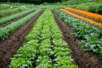 Organic farming with a focus on crop rotation, showing diverse crops growing side by side in a rich, fertile field.