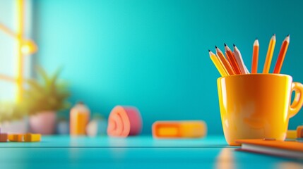 Obraz premium Bright and colorful workspace featuring a vibrant yellow cup filled with pencils against a playful teal background for creative inspiration