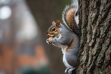 Fototapeta premium A squirrel perched on the trunk of an old oak tree
