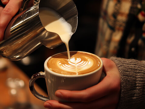 A beautifully crafted latte with intricate leaf patterns, showcasing the skill of latte art. The milk is skillfully poured, creating a stunning contrast against the rich coffee.