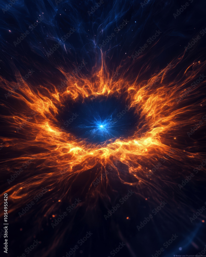 Poster a mesmerizing cosmic scene featuring swirling orange and blue flames against a starry backdrop, crea