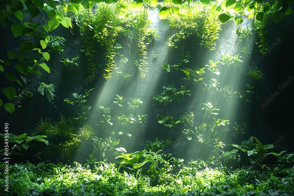 Poster exploring the serenity of a modern vertical garden wall adorned with lush greenery and geometric pat