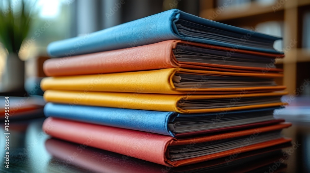 Poster a stack of colorful folders arranged neatly on a desk.