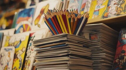 Colorful Pencils Over Stack of Paper in a Creative Space