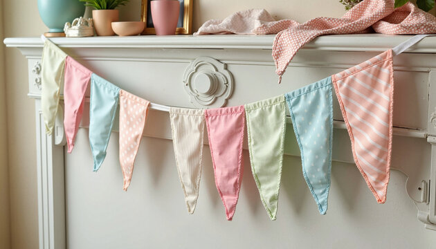 Pastel bunting flags draped over mantelpiece for indoor decor