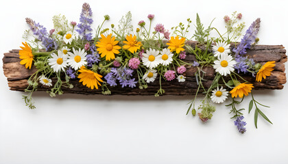 Rustic arrangement of wildflowers cascading around an old log on a white background 