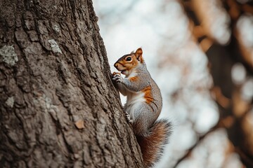 Fototapeta premium A squirrel perched on the trunk of an old oak tree