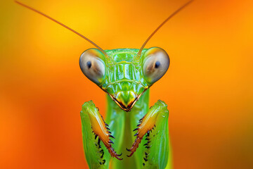 This stunning close-up captures the intricate features of a praying mantis against a vibrant orange background, showcasing its striking colors and unique facial structure, revealing nature's artistry.
