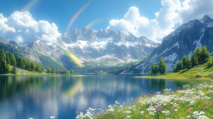 Mountain Lake with Double Rainbow and Wildflowers