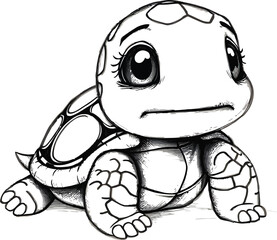 Minimalist Black and White Baby Smiling Turtle Cartoon With Happy Expression Illustration, Coloring Pages For Kids