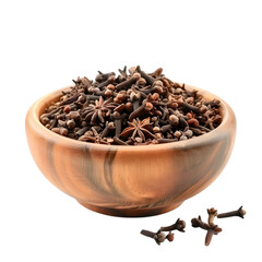 Spice cloves in a wooden bowl isolated on transparent background