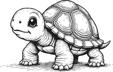 Minimalist Black and White Baby Smiling Turtle Cartoon With Happy Expression Illustration, Coloring Pages For Kids