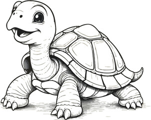 Minimalist Black and White Baby Smiling Turtle Cartoon With Happy Expression Illustration, Coloring Pages For Kids