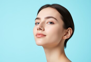 Fototapeta premium Portrait of a young woman with a serene expression against a soft blue background.