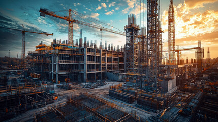 A stunning view of a modern construction site during sunset, featuring towering cranes, steel frameworks, and intricate scaffolding, exemplifying the dynamic nature of urban development.