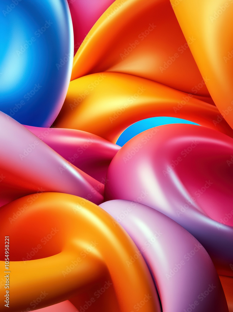Poster a dynamic composition of colorful, undulating shapes intertwined with smooth textures, merging hues 