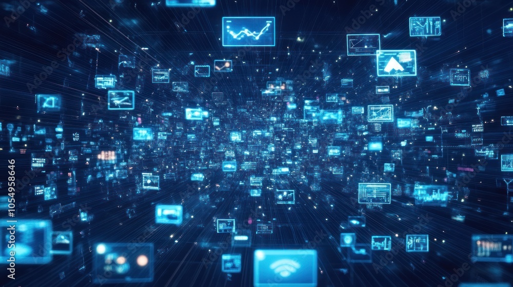 Poster a digital landscape showcasing numerous data screens and graphs in a futuristic setting.