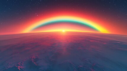 A vibrant sunrise over a colorful horizon in a serene atmosphere.