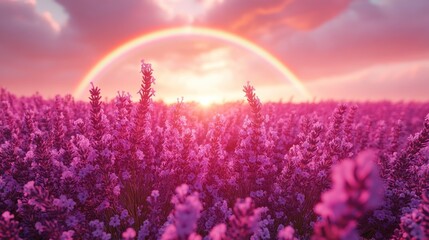 Naklejka premium Lavender Field with Rainbow and Sunset