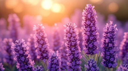 Fototapeta premium Close-up of Lavender Flowers Blooming in the Sunset Light