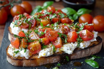 a bruschetta con burrata with tomatoes on a stone plate