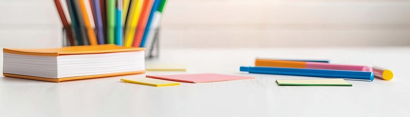 Obraz premium Assorted colorful sticky notes and highlighters scattered neatly across a white desk