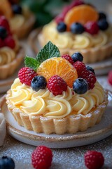 small fruit tarts with yellow cream and berries on top - food photography