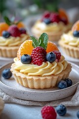 small fruit tarts with yellow cream and berries on top - food photography