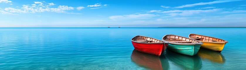 Naklejka premium Clear lake with reflections of blue skies and a few brightly colored boats, adding a sense of joy and serenity to the water