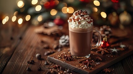 A mug of hot chocolate with whipped cream on a wooden table. Blurred bokeh background with Christmas tree lights and copy space.
