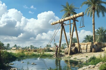 Fototapeta premium Traditional Rustic Water Drawing Apparatus Shaduf in Lush Middle Eastern Oasis Landscape