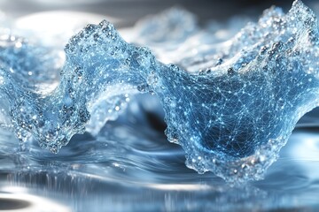 Abstract blue water wave with a digital grid pattern.