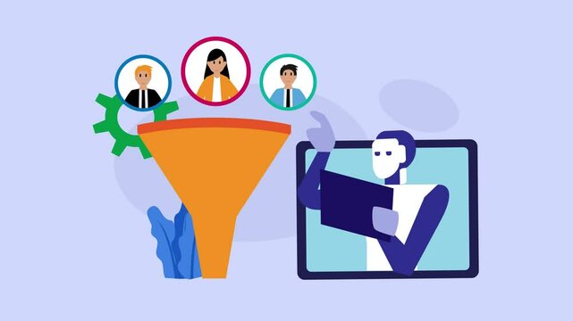 machine learning management, big data analysis concept, digital marketing funnel, Lead generation with clients, marketing cartoon animation
