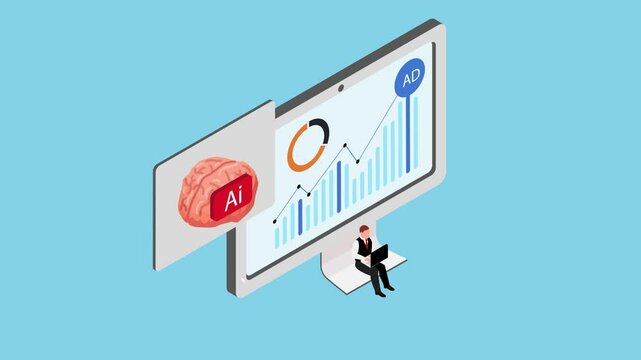 Buying of targeted ads automation. Advertising efficiency AI Technology 3d animation cartoon