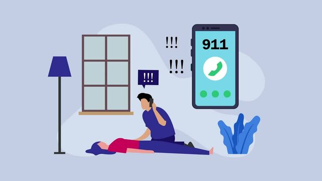 Emergency situation with unconscious person on the floor. Medical help, man call 911 from mobile phone cartoon animation