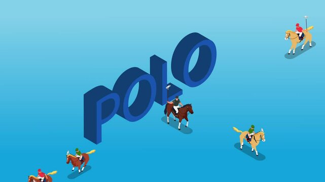Polo players. Horse rider playing plain game on field, equestrian sport player horseman club, jockey horses cavaliers tournament match 3d animation cartoon
