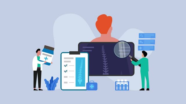 Orthopedist with magnifying glass examines back of patient cartoon animation