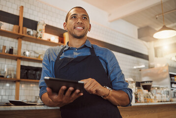 Businessman, barista and thinking with tablet for cafe, online service and stock management with...