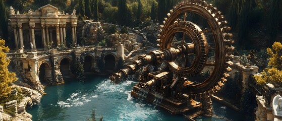 Archimedes Screw Irrigation System Massive Bronze Spiral Lifting Water Through Ornate Doric Architecture