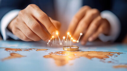 Person analyzing world map with glowing financial graph, symbolizing global investment strategies and economic growth.