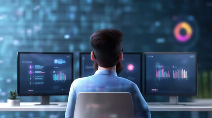 Person is sitting at desk with multiple computer screens displaying data and graphs
