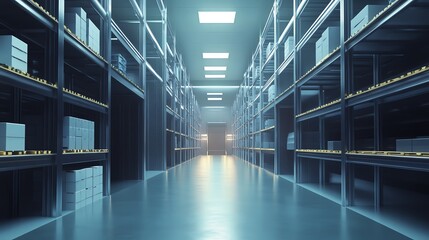 Obraz premium Modern, spacious warehouse interior with organized shelves stretching into the distance, illuminated by bright overhead lights.