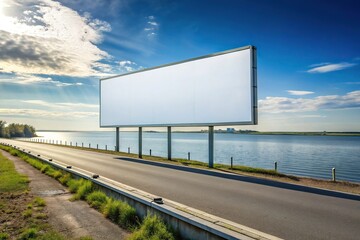 Obraz premium white billboard on road next to water
