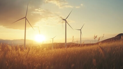 Obraz premium Scenic view of wind turbines in a golden field at sunset, symbolizing renewable energy and sustainability against a serene, scenic landscape.
