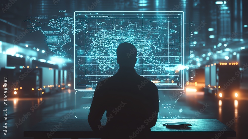 Poster silhouette of a person analyzing digital world map on futuristic screen in a tech-driven control roo