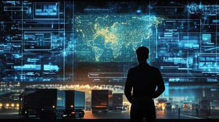 Silhouette of a person analyzing a digital world map in a futuristic control room, highlighting global logistics and technology.