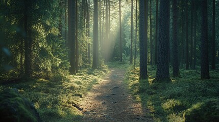 Obraz premium A tranquil forest path illuminated by soft sunlight at dawn, with lush greenery and tall trees surrounding the serene landscape