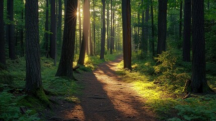 Obraz premium A tranquil forest path illuminated by soft sunlight at dawn, with lush greenery and tall trees surrounding the serene landscape